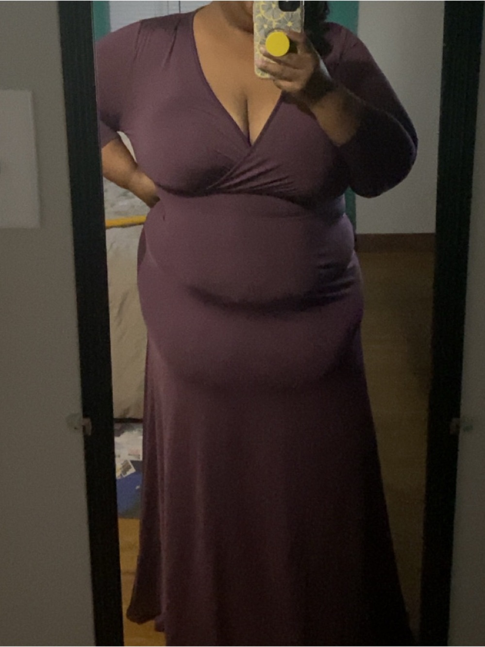 Plus-Size Deep Plum Wrap Maxi Dress with V-Neck